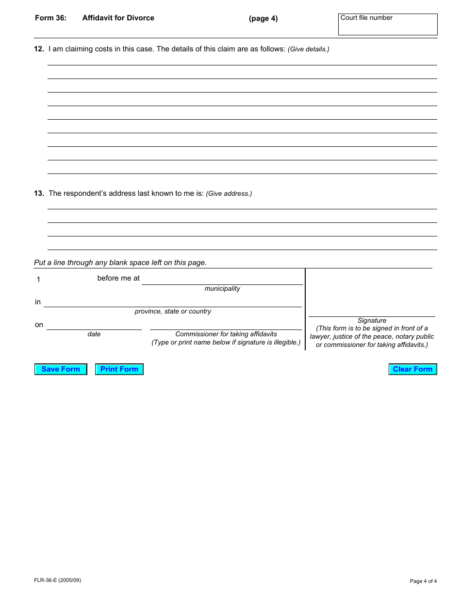 Form 36 Affidavit for Divorce - Ontario, Canada, Page 4