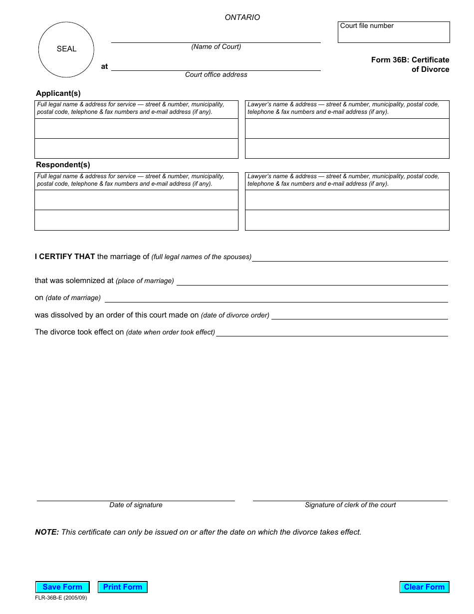 Form 36B Certificate of Divorce - Ontario, Canada, Page 1