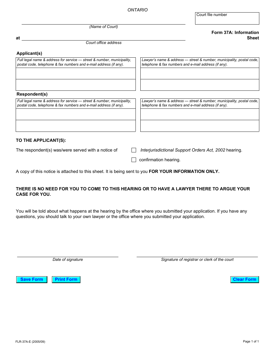 Form 37A Information Sheet - Ontario, Canada, Page 1