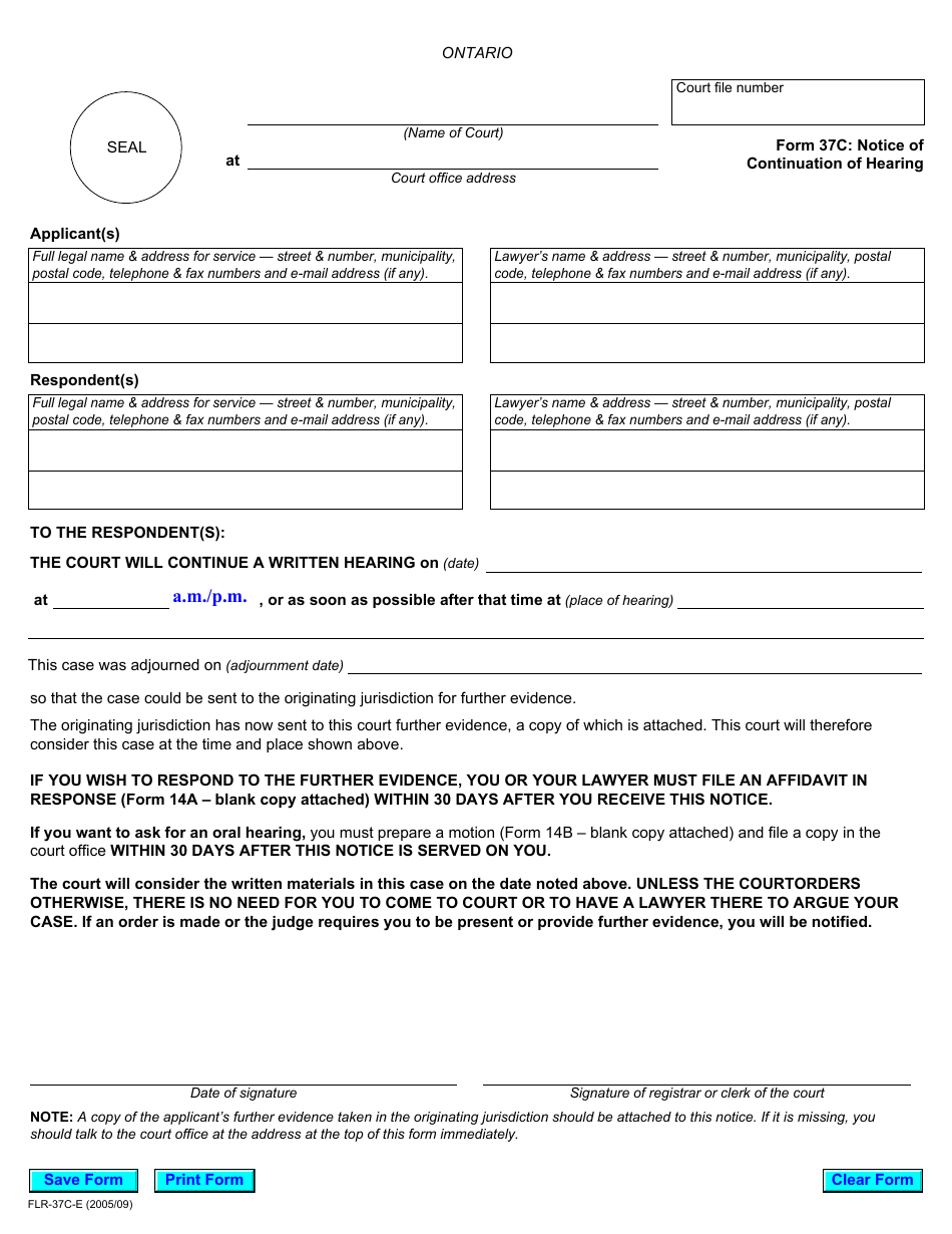 Form 37C Notice of Continuation of Hearing - Ontario, Canada, Page 1