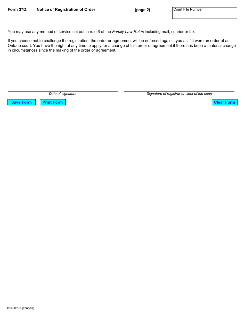Form 37D Notice of Registration of Order - Ontario, Canada, Page 2