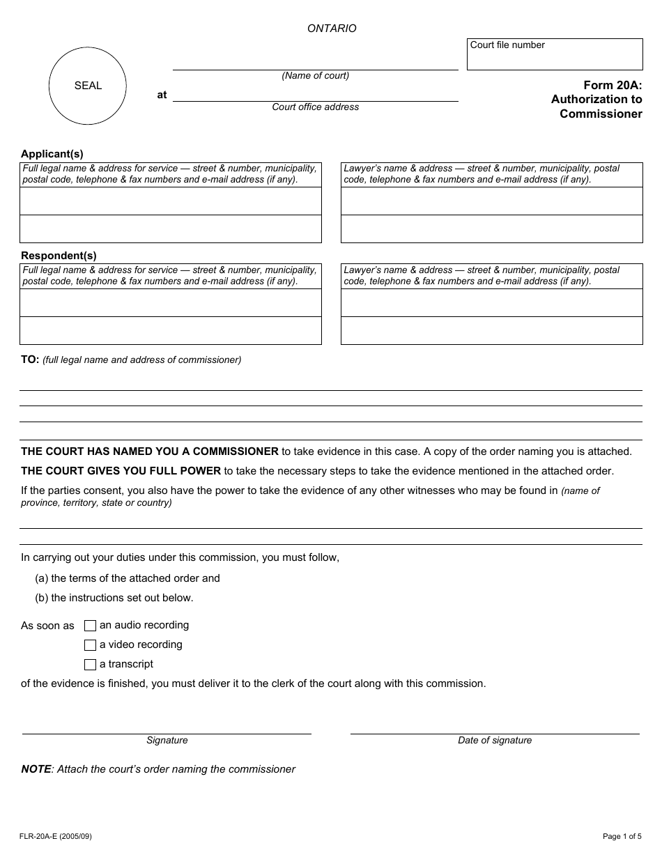 Form 20A Authorization to Commissioner - Ontario, Canada, Page 1