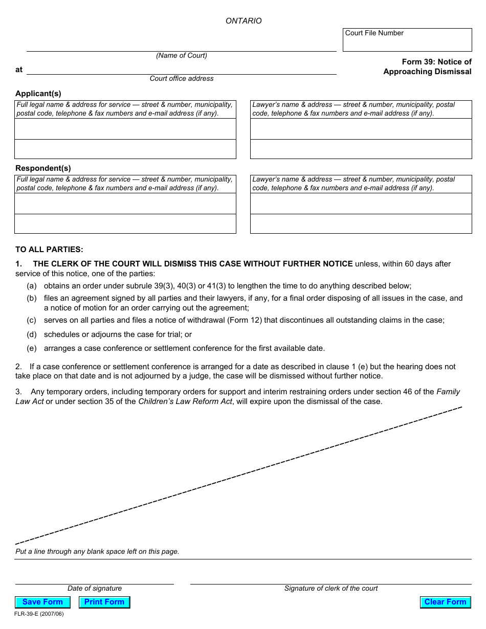 Form 39 Notice of Approaching Dismissal - Ontario, Canada, Page 1