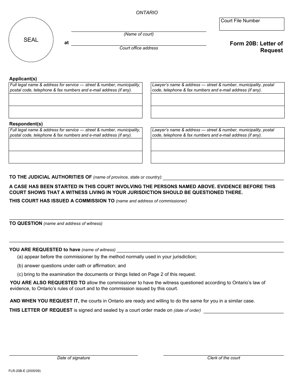 Form 20B Letter of Request - Ontario, Canada, Page 1
