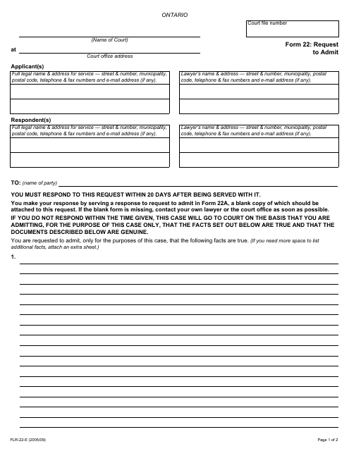 Form 22 Request to Admit - Ontario, Canada