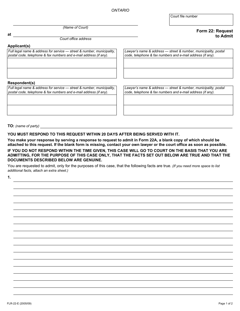 Form 22 Request to Admit - Ontario, Canada, Page 1