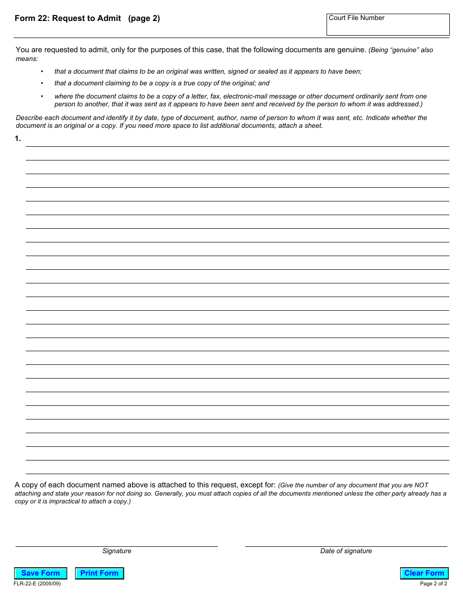 Form 22 Request to Admit - Ontario, Canada, Page 2