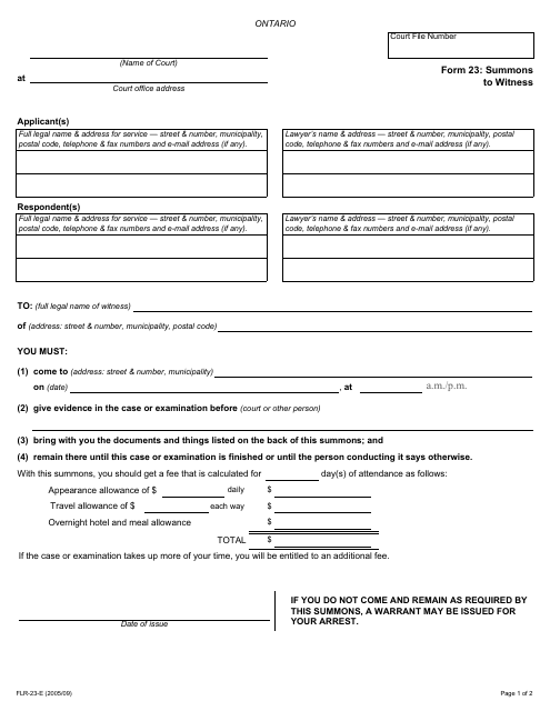 Form 23 Summons to Witness - Ontario, Canada