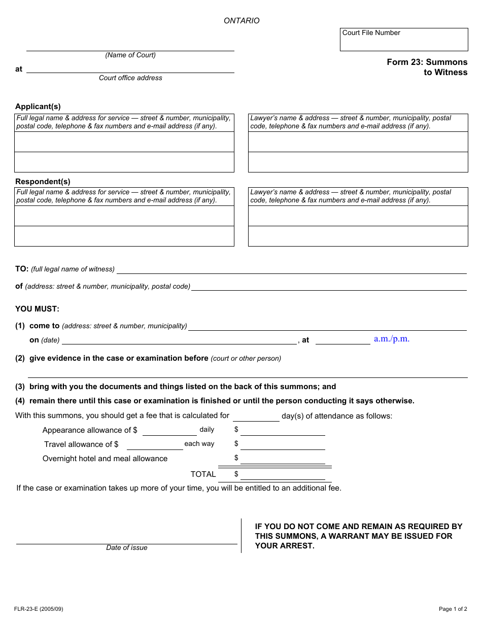 Form 23 Summons to Witness - Ontario, Canada, Page 1