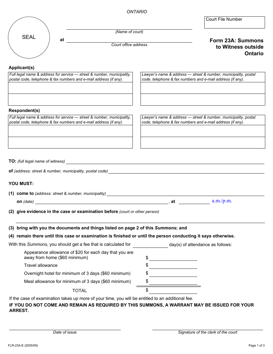 Form 23A Summons to Witness Outside Ontario - Ontario, Canada, Page 1