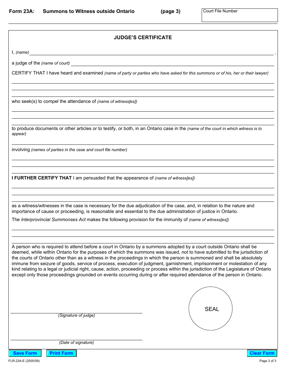 Form 23A Summons to Witness Outside Ontario - Ontario, Canada, Page 3
