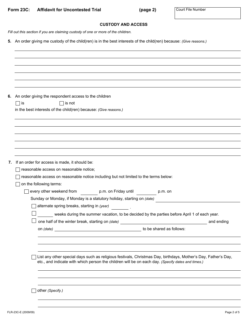 Form 23C Affidavit for Uncontested Trial - Ontario, Canada, Page 2
