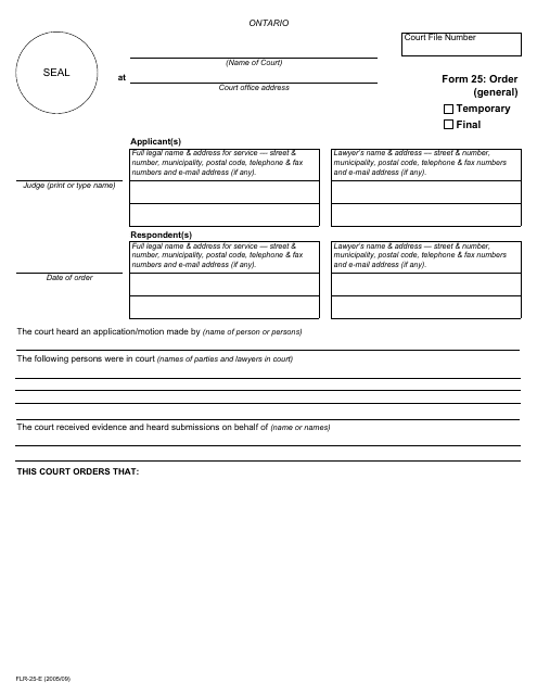 Form 25 Order (General) Temporary/Final - Ontario, Canada