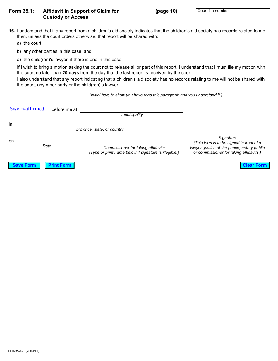 Form 35.1 Affidavit in Support of Claim for Custody or Access - Ontario, Canada, Page 10