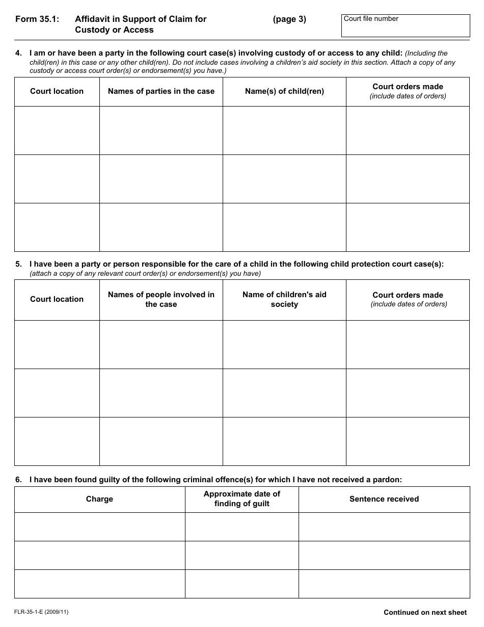 Form 35.1 Affidavit in Support of Claim for Custody or Access - Ontario, Canada, Page 3