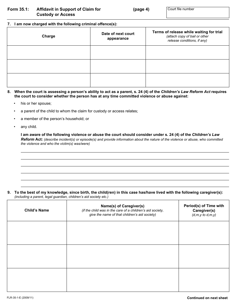 Form 35.1 Affidavit in Support of Claim for Custody or Access - Ontario, Canada, Page 4