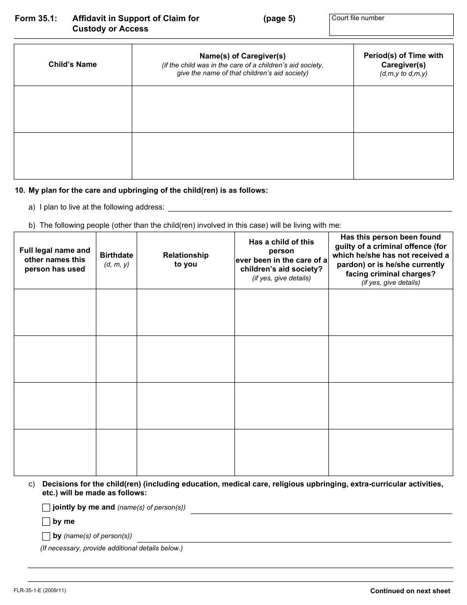 Form 35.1 Affidavit in Support of Claim for Custody or Access - Ontario, Canada, Page 5
