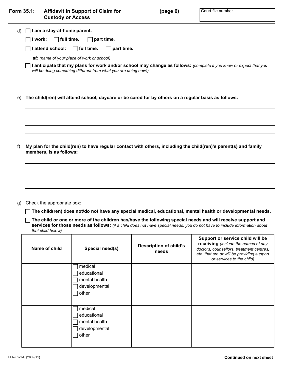 Form 35.1 Affidavit in Support of Claim for Custody or Access - Ontario, Canada, Page 6