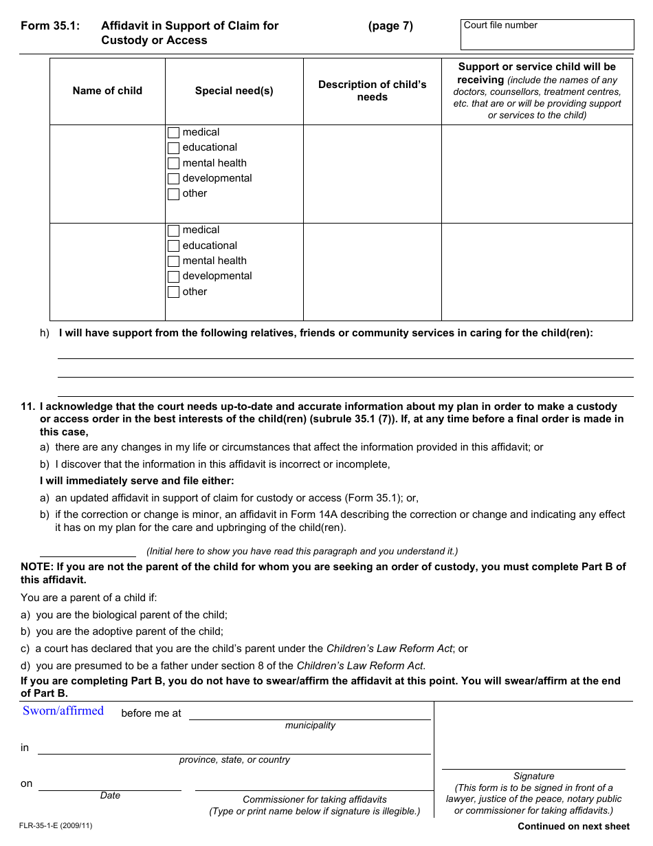Form 35.1 Affidavit in Support of Claim for Custody or Access - Ontario, Canada, Page 7