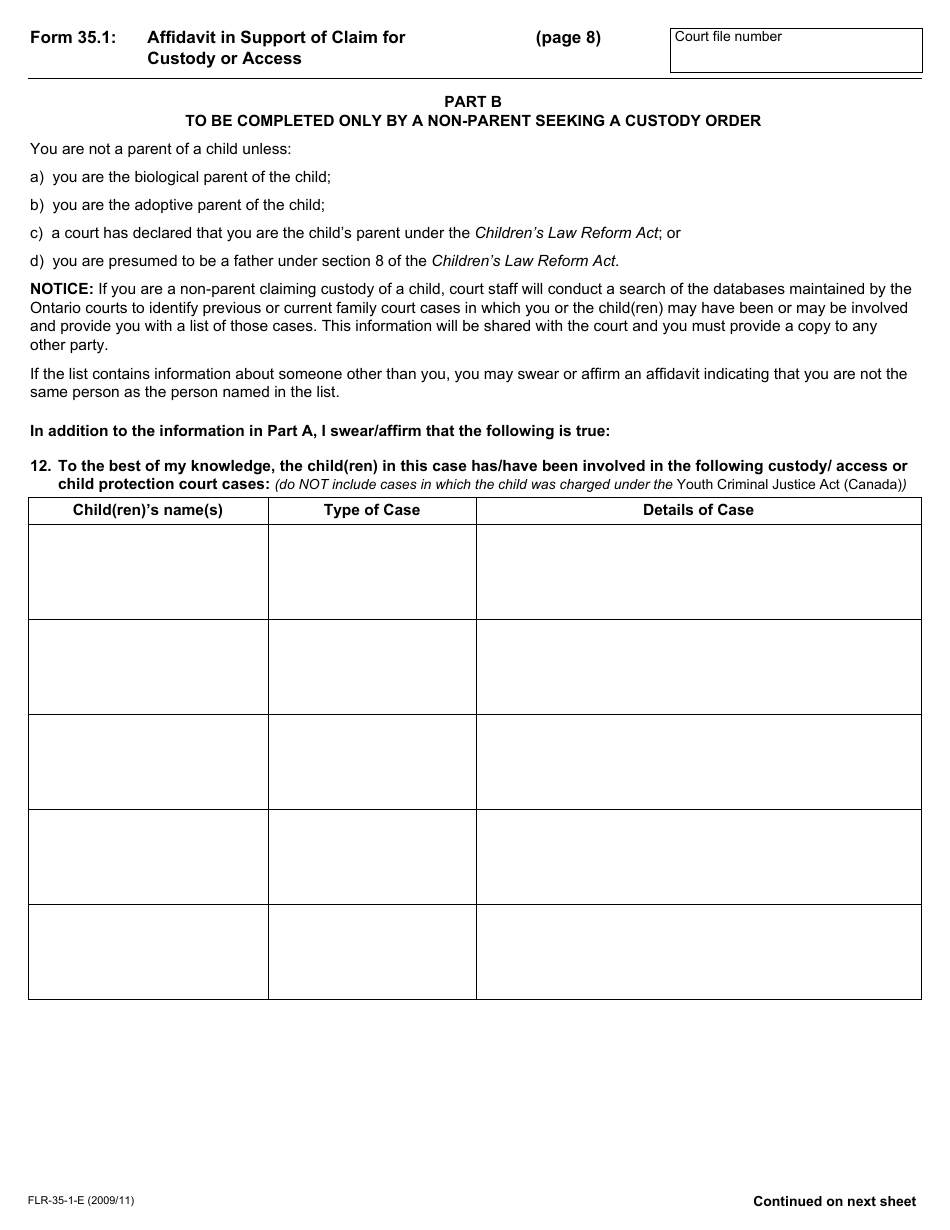 Form 35.1 Affidavit in Support of Claim for Custody or Access - Ontario, Canada, Page 8