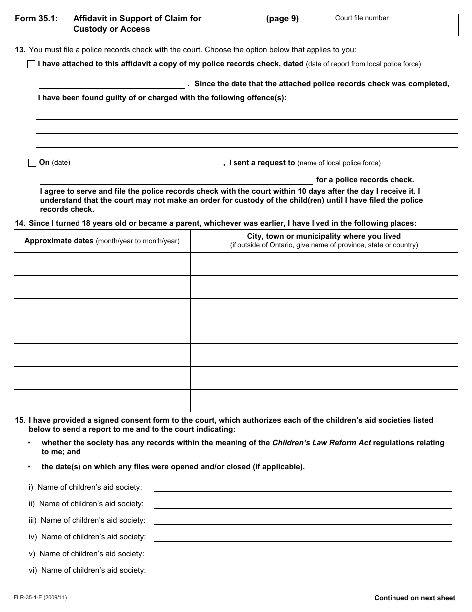 Form 35.1 Affidavit in Support of Claim for Custody or Access - Ontario, Canada, Page 9