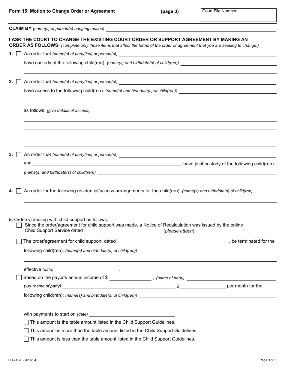 Form 15 Motion to Change Order or Agreement - Ontario, Canada, Page 3