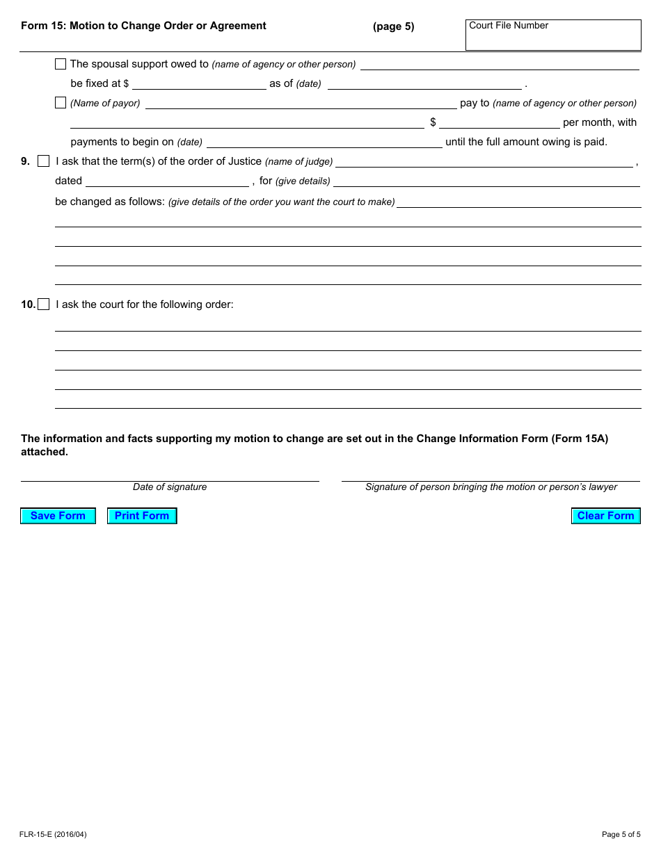 Form 15 Motion to Change Order or Agreement - Ontario, Canada, Page 5