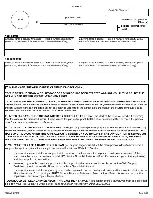 form 8a download fillable pdf or fill online application divorce ontario canada templateroller