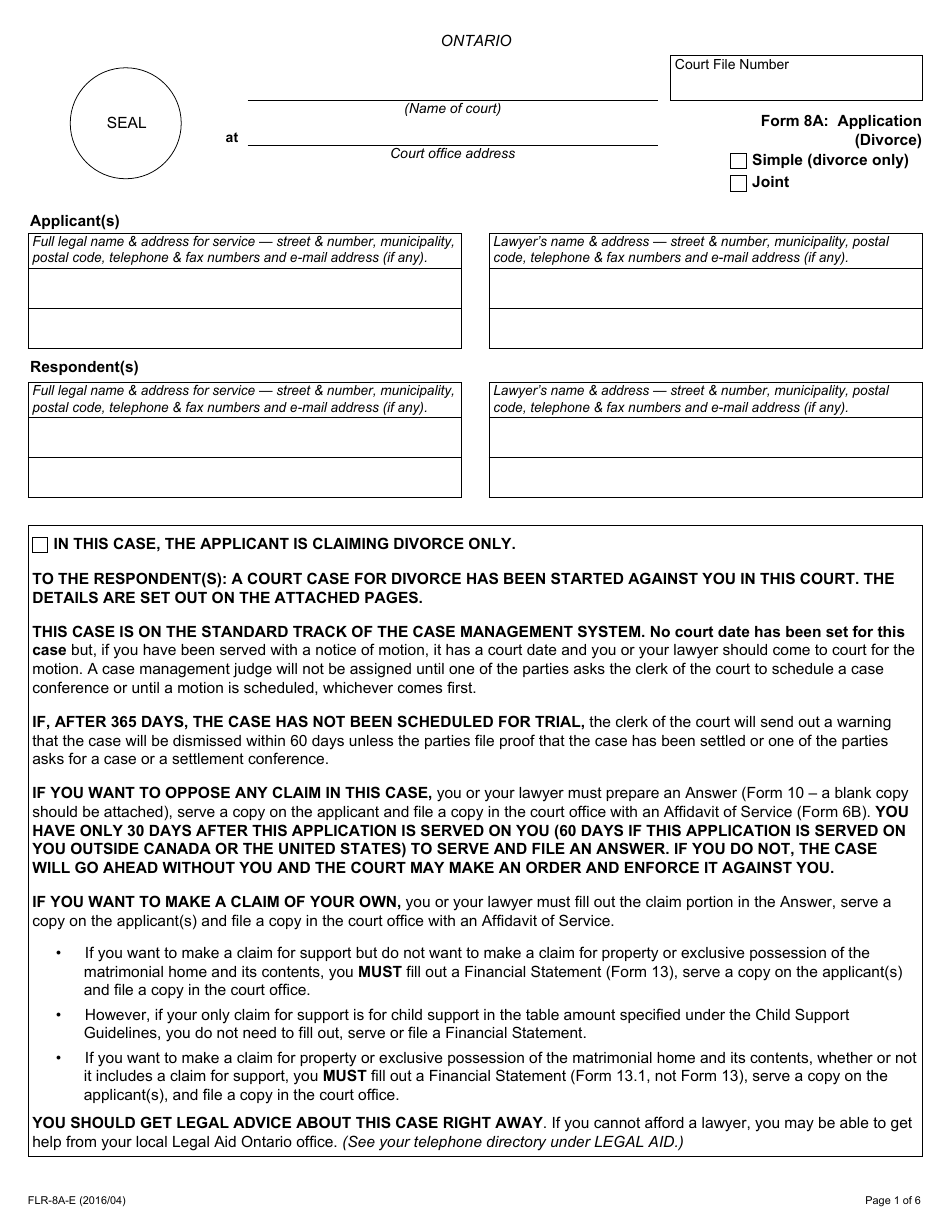 Form 8A Application (Divorce) - Ontario, Canada, Page 1