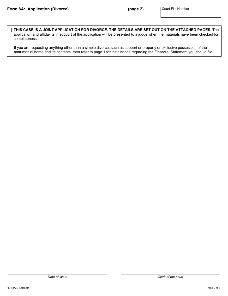 Form 8A Application (Divorce) - Ontario, Canada, Page 2