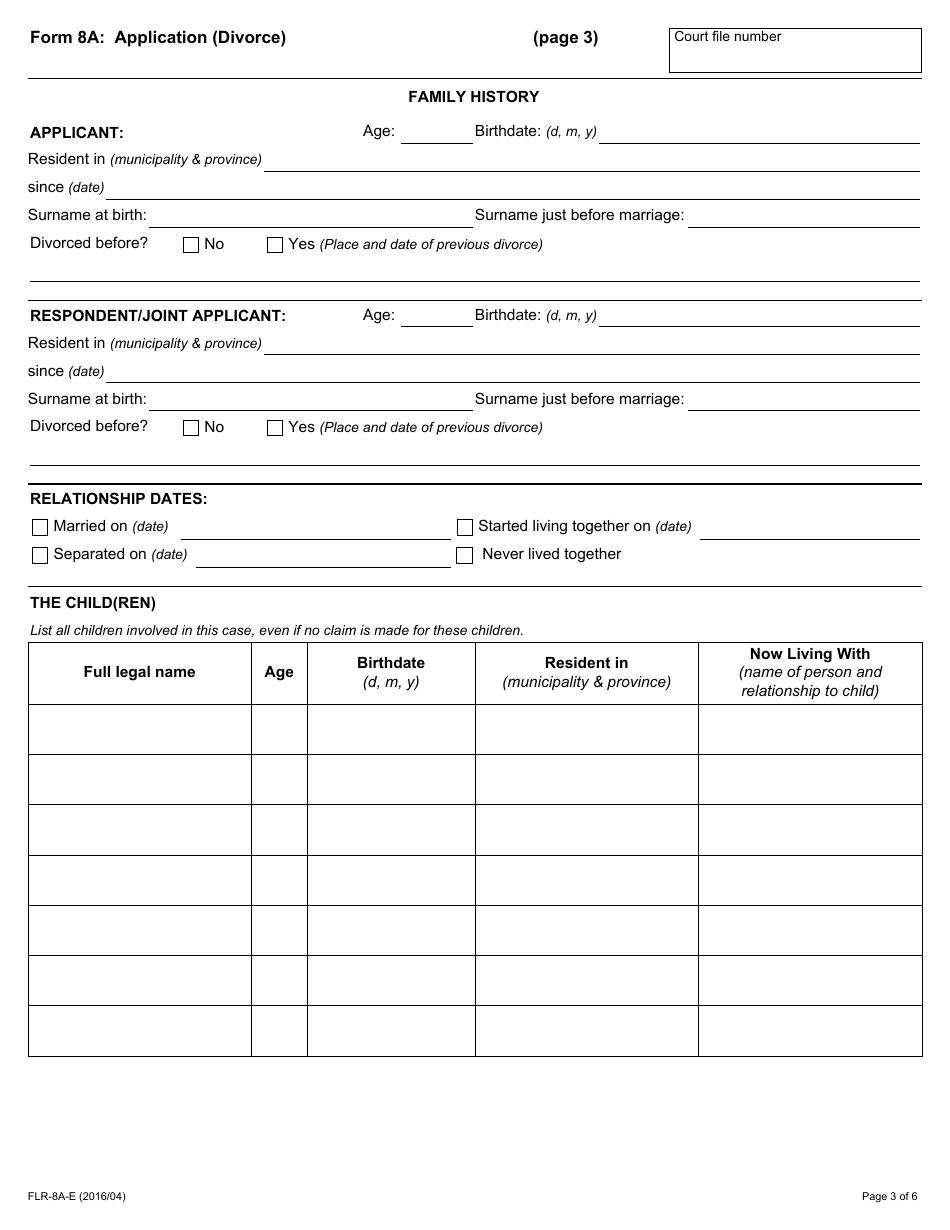 Form 8A Application (Divorce) - Ontario, Canada, Page 3