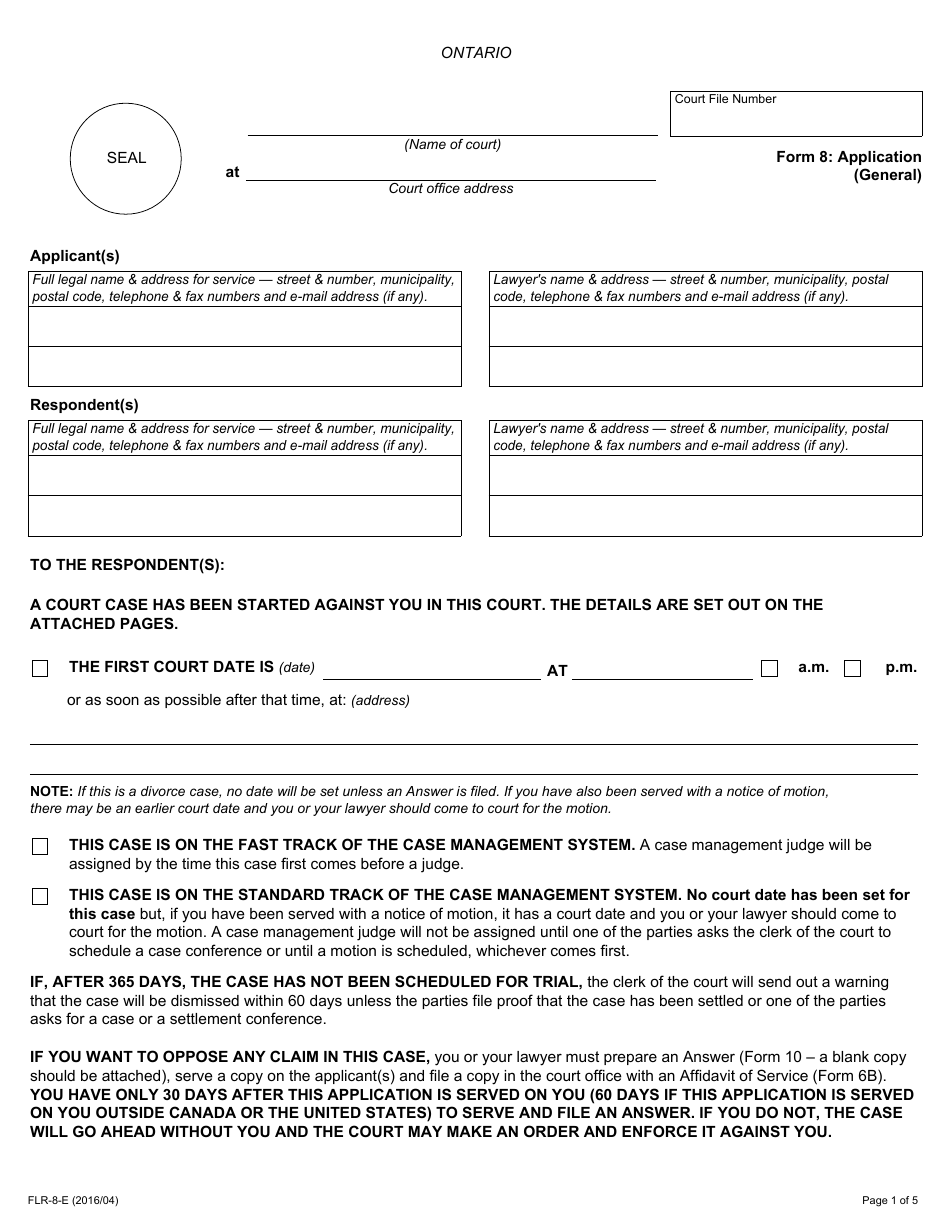 Form 8 Application (General) - Ontario, Canada, Page 1
