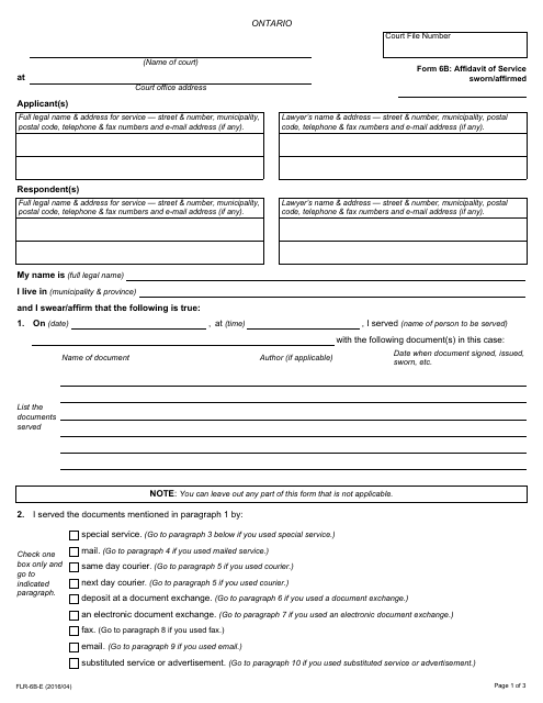 Form 6b Affidavit of Service Sworn/Affirmed - Ontario, Canada