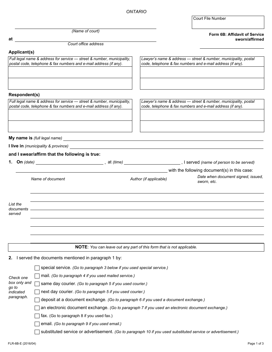 Form 6b Affidavit of Service Sworn / Affirmed - Ontario, Canada, Page 1