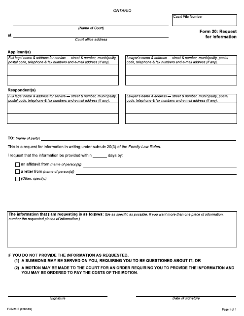 Form 20 Request for Information - Ontario, Canada