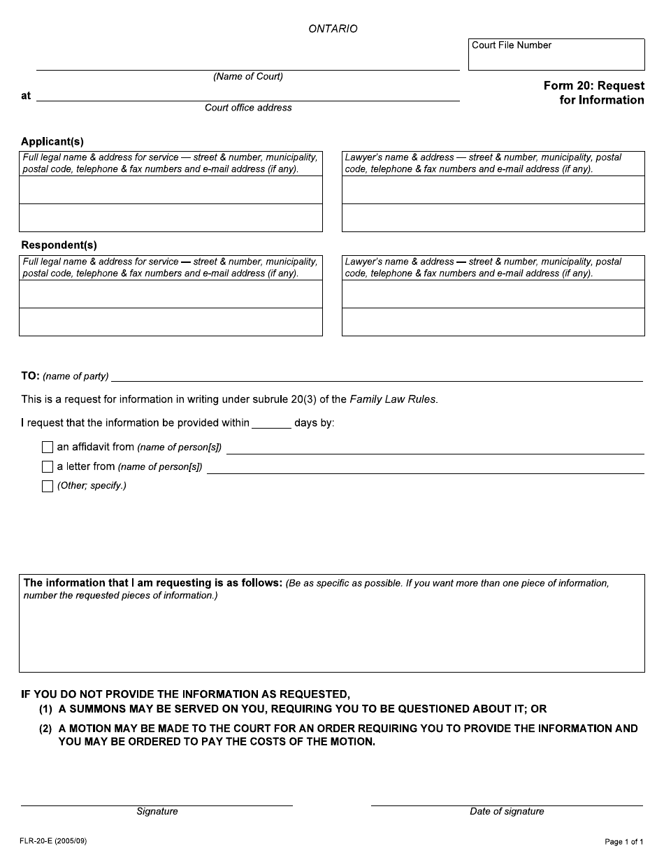 Form 20 Request for Information - Ontario, Canada, Page 1