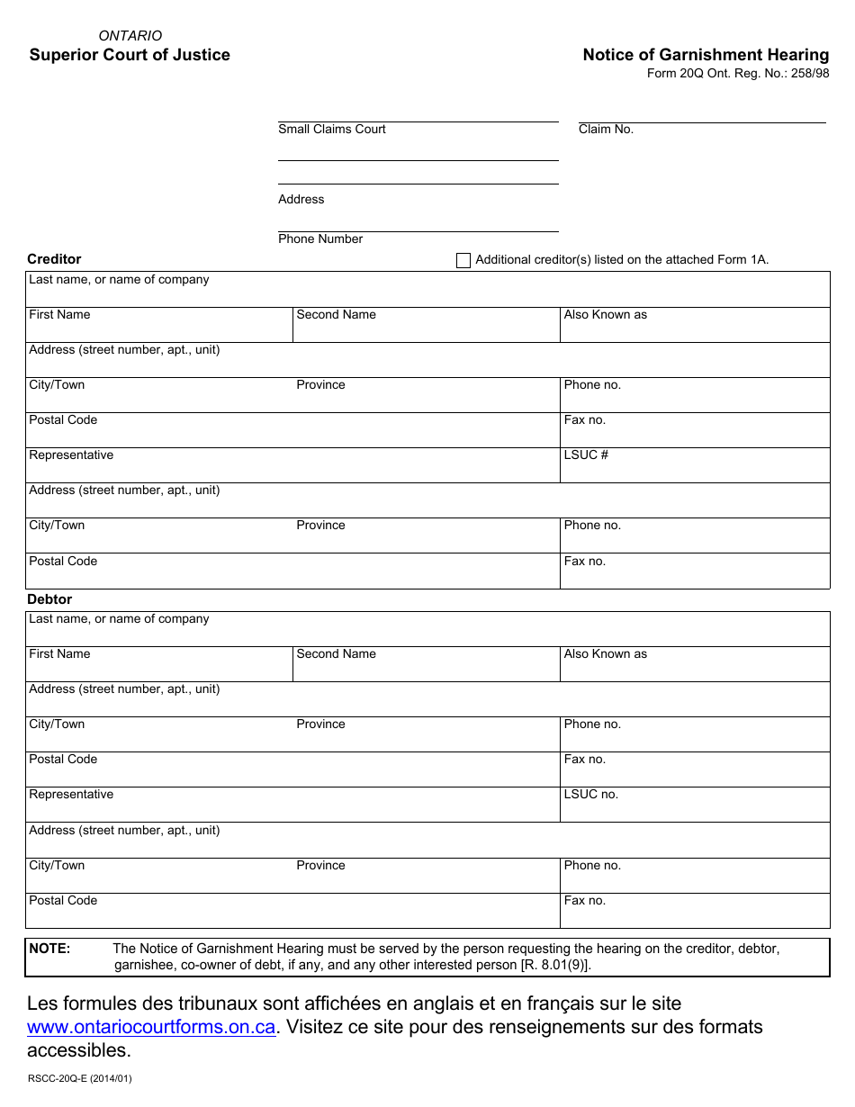 Form 20q Notice of Garnishment Hearing - Ontario, Canada, Page 1