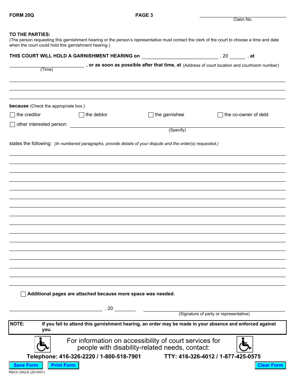 Form 20q Notice of Garnishment Hearing - Ontario, Canada, Page 3