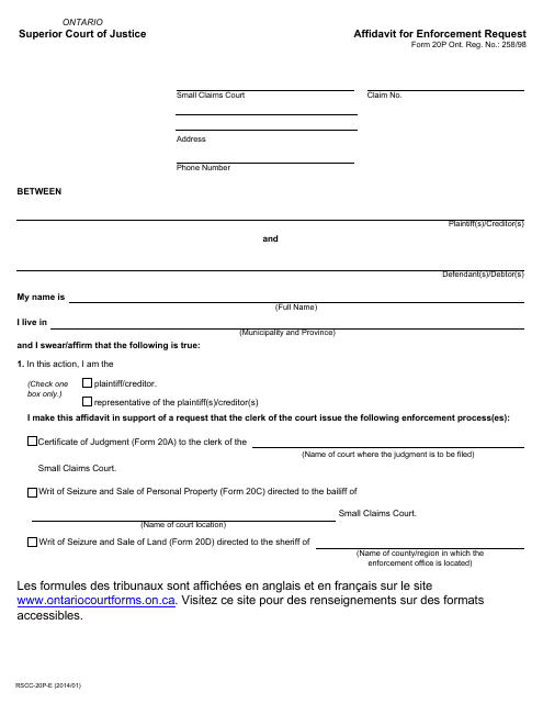 Form 20P Affidavit for Enforcement Request - Ontario, Canada