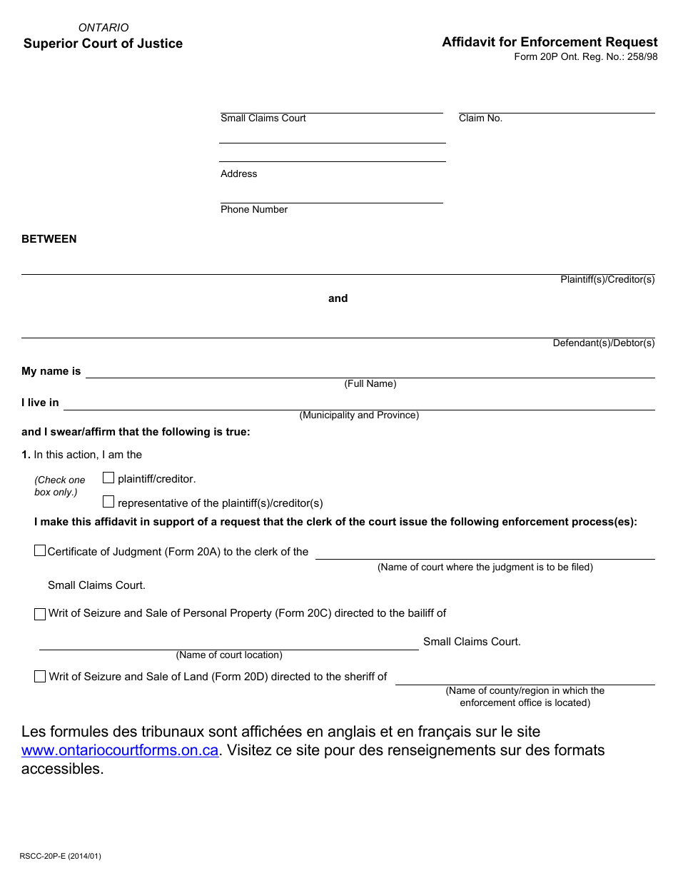 Form 20P Affidavit for Enforcement Request - Ontario, Canada, Page 1