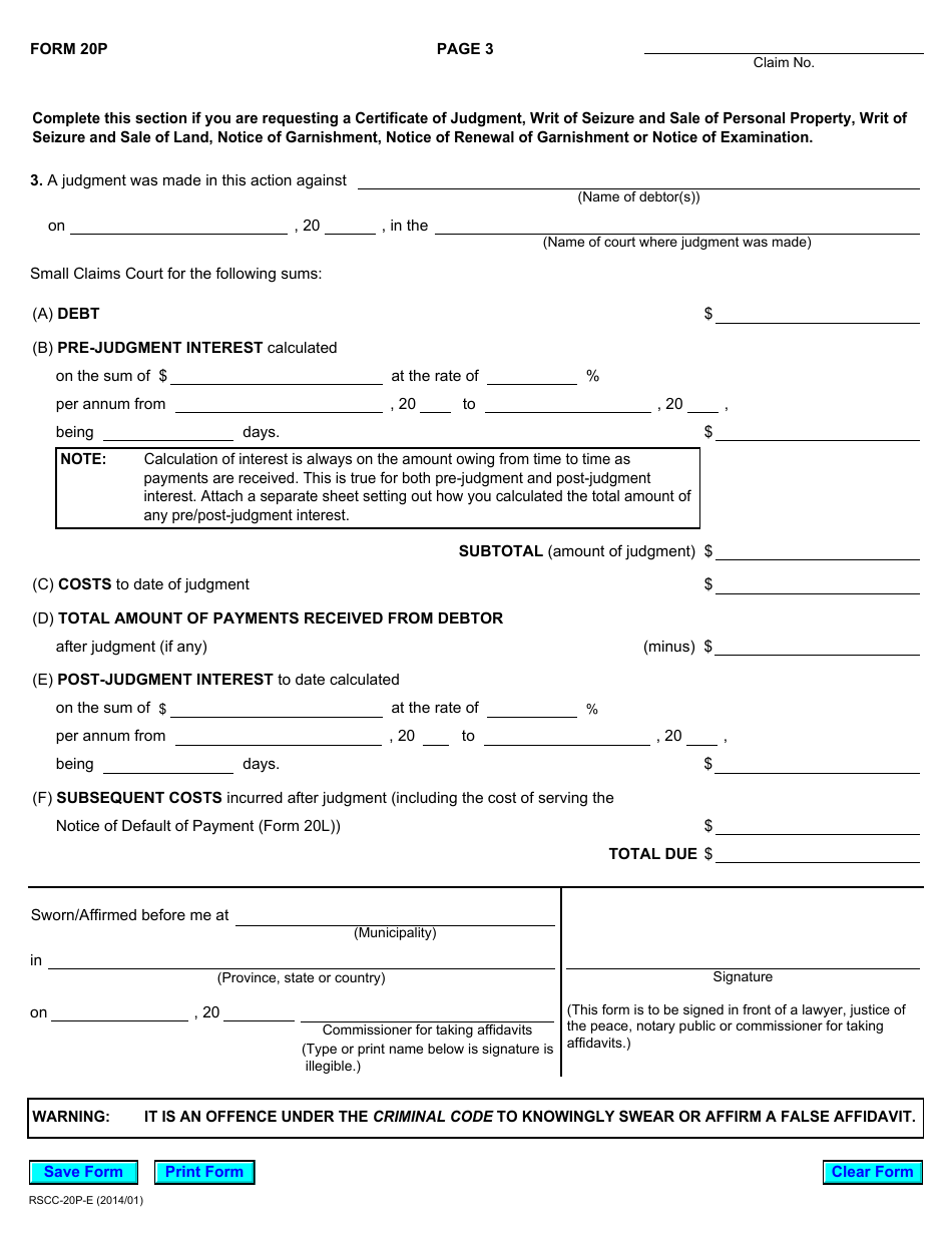 Form 20P Affidavit for Enforcement Request - Ontario, Canada, Page 3