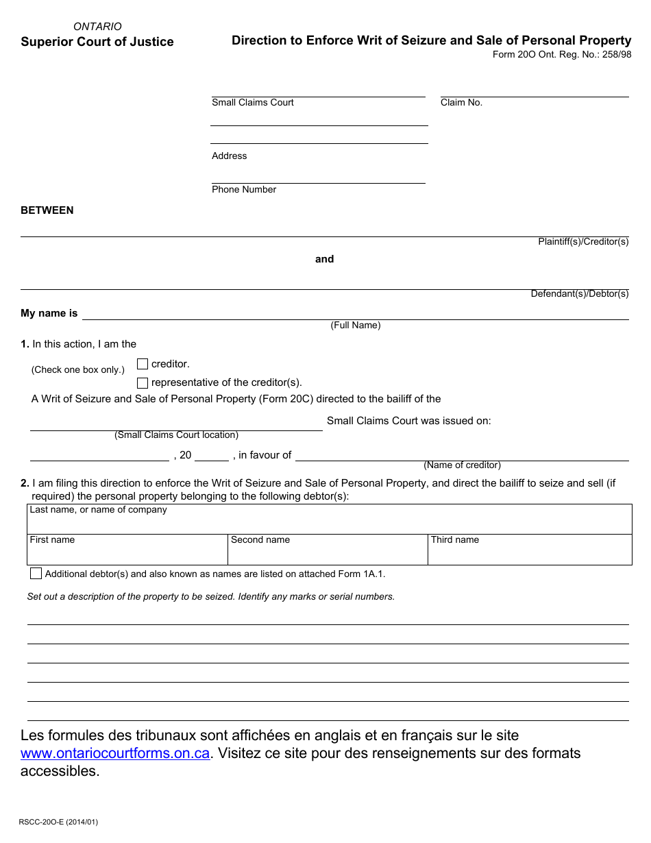 Form 20O Direction to Enforce Writ of Seizure and Sale of Personal Property - Ontario, Canada, Page 1