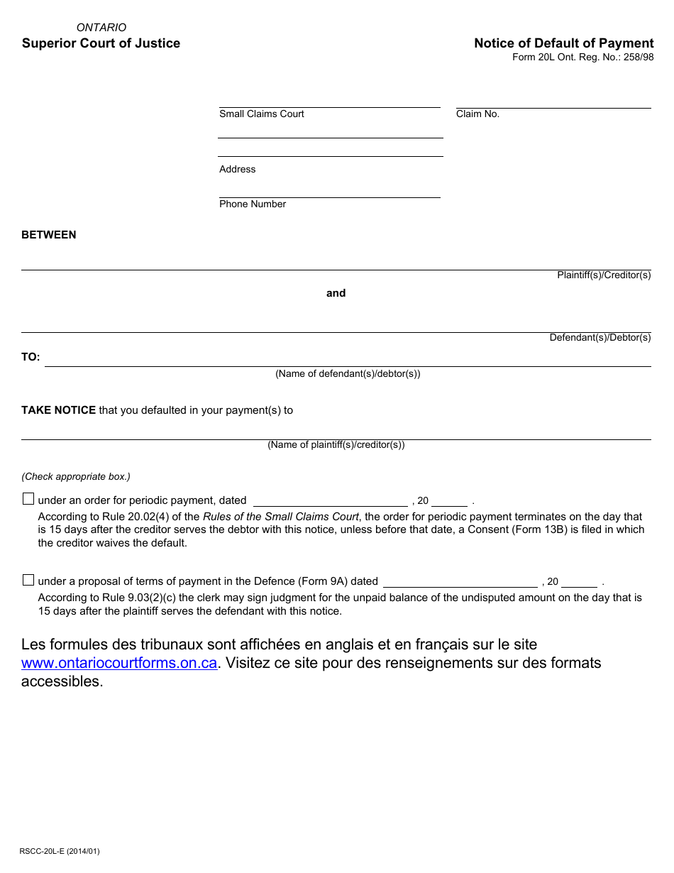 Form 20L Notice of Default of Payment - Ontario, Canada, Page 1
