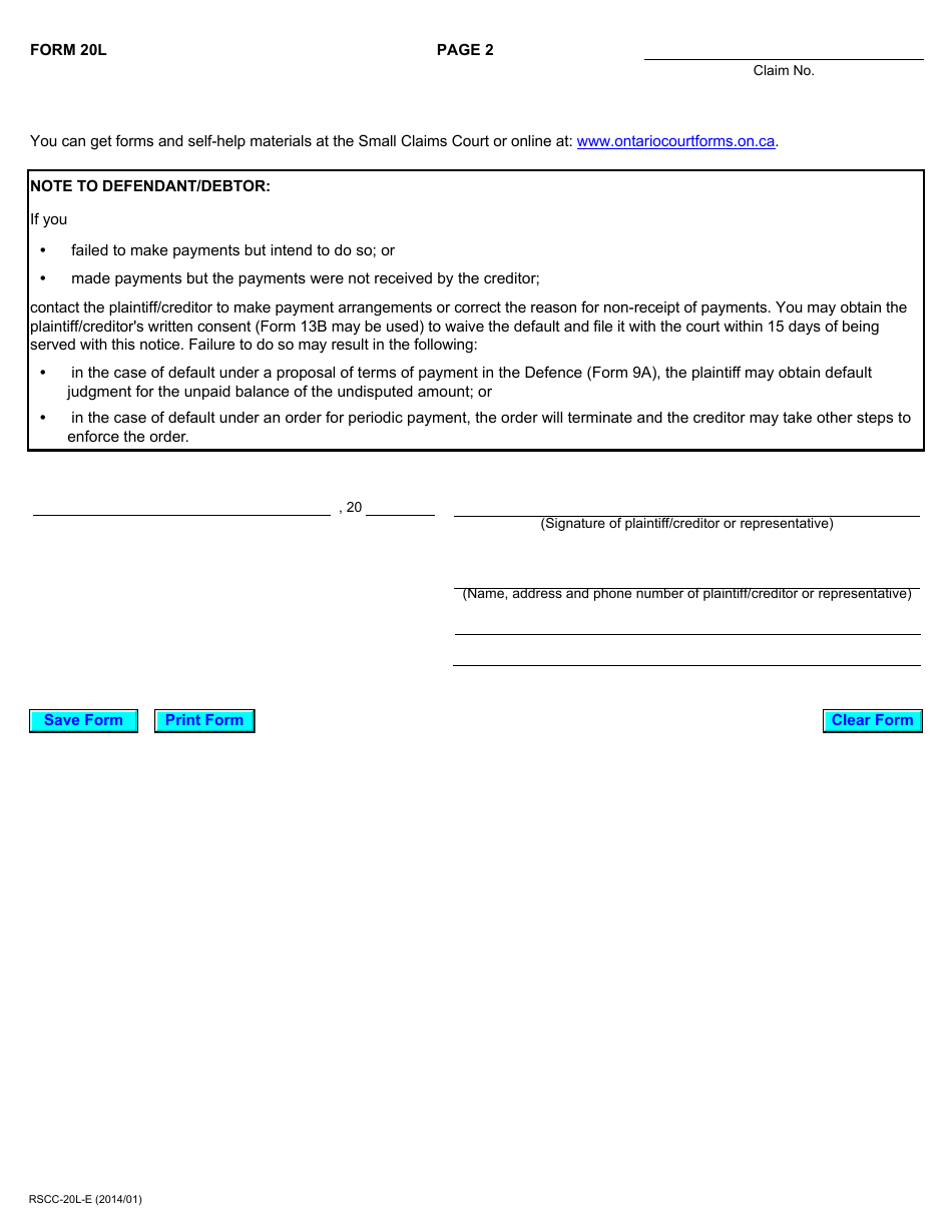 Form 20L Notice of Default of Payment - Ontario, Canada, Page 2