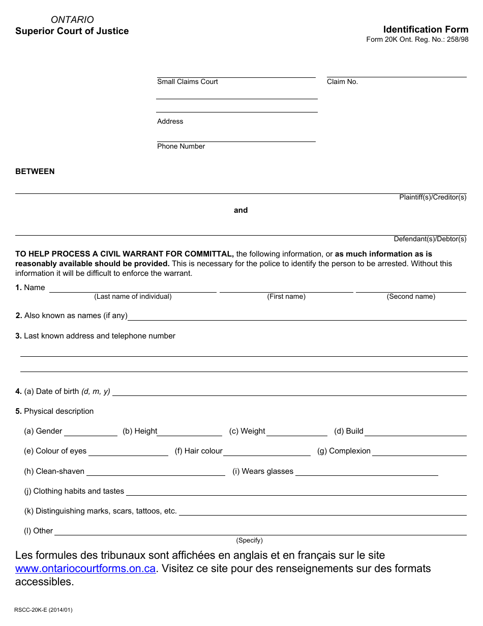 Form 20K Identification Form - Ontario, Canada, Page 1