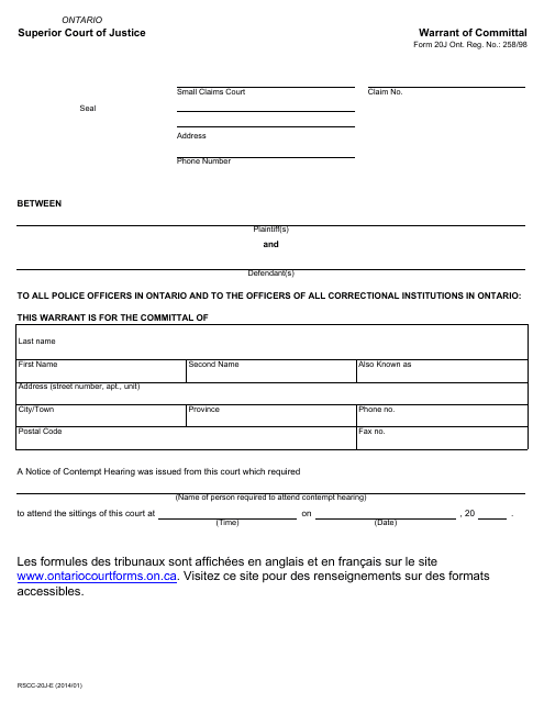 Form 20J Warrant of Committal - Ontario, Canada