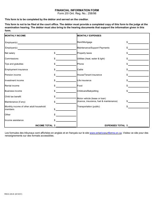 Form 20I Financial Information Form - Ontario, Canada