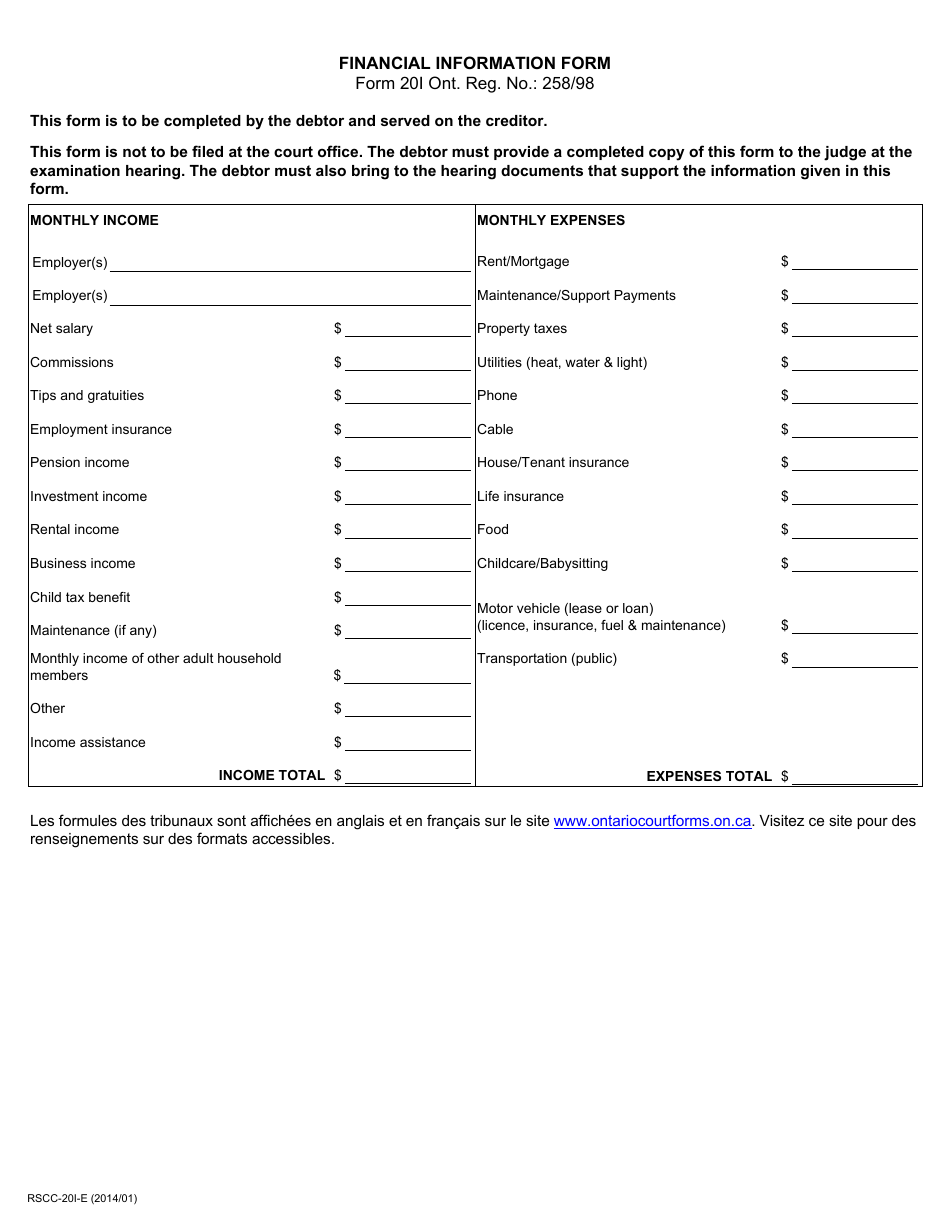 Form 20I Financial Information Form - Ontario, Canada, Page 1