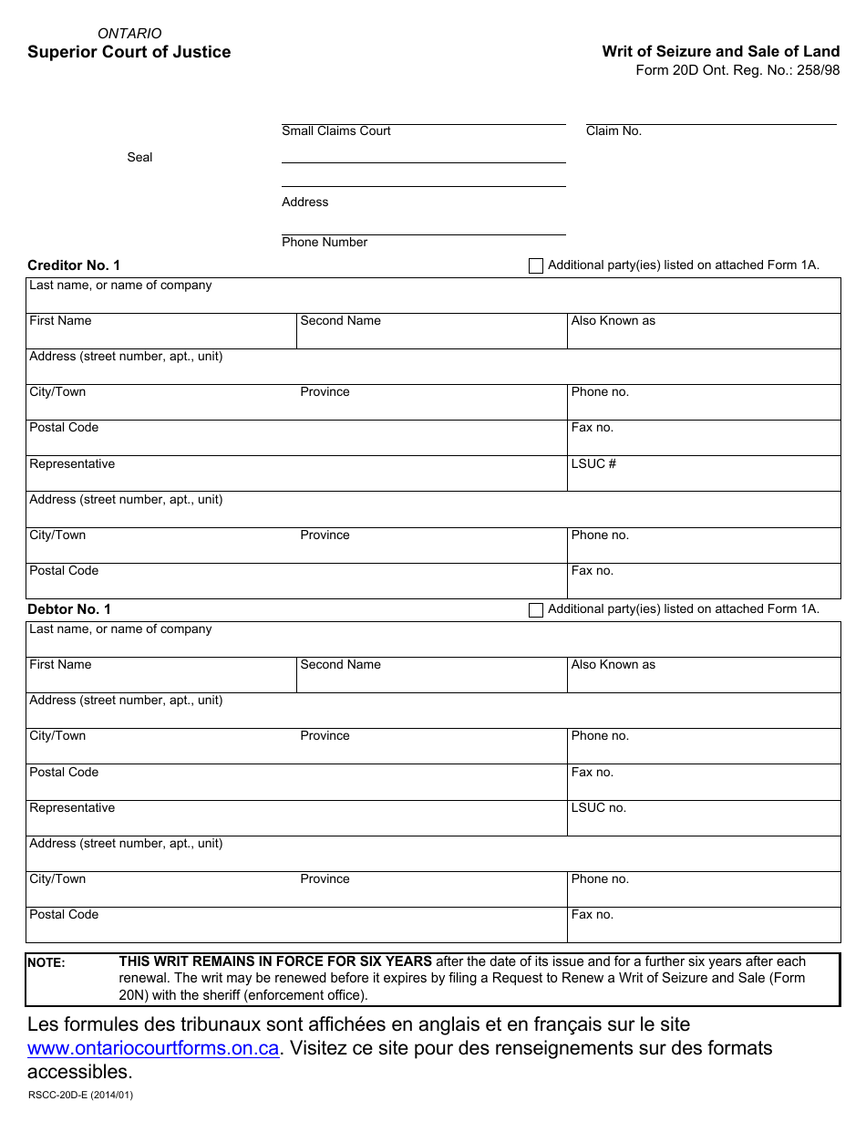 Form 20D - Fill Out, Sign Online and Download Fillable PDF, Ontario ...