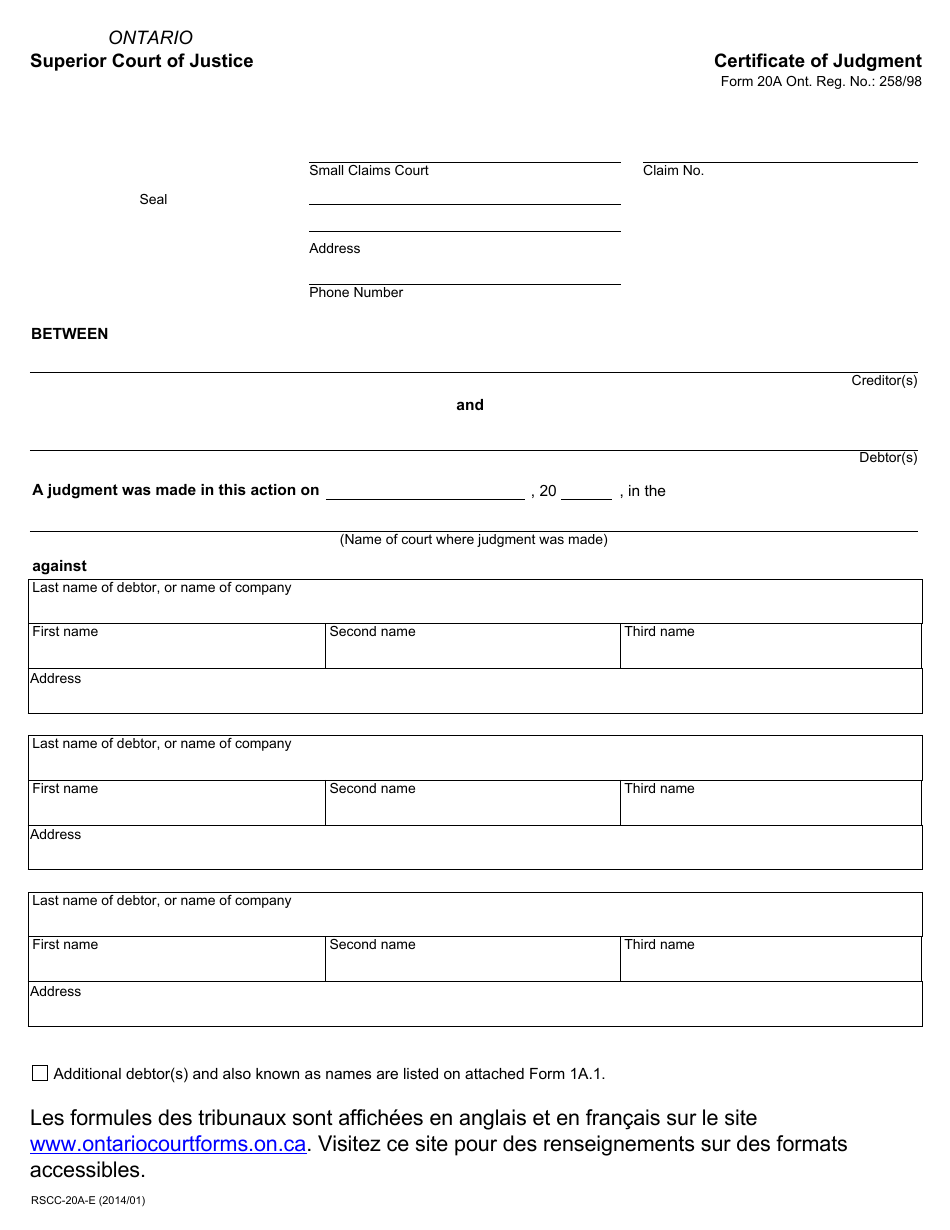 Form 20A Certificate of Judgment - Ontario, Canada, Page 1